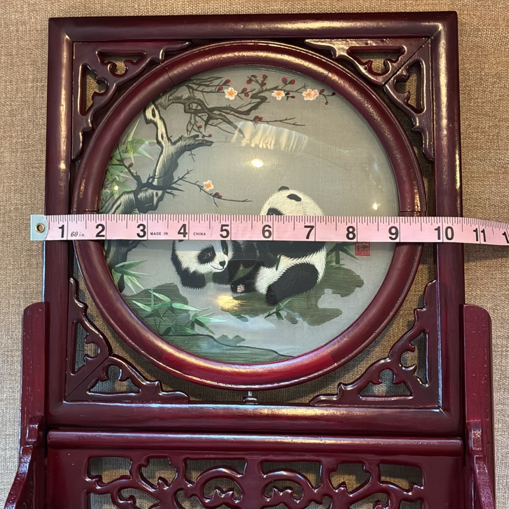 Vintage Table Screen with Silk Panda Embroidery - Burgundy Frame - Picture 9 of 15
